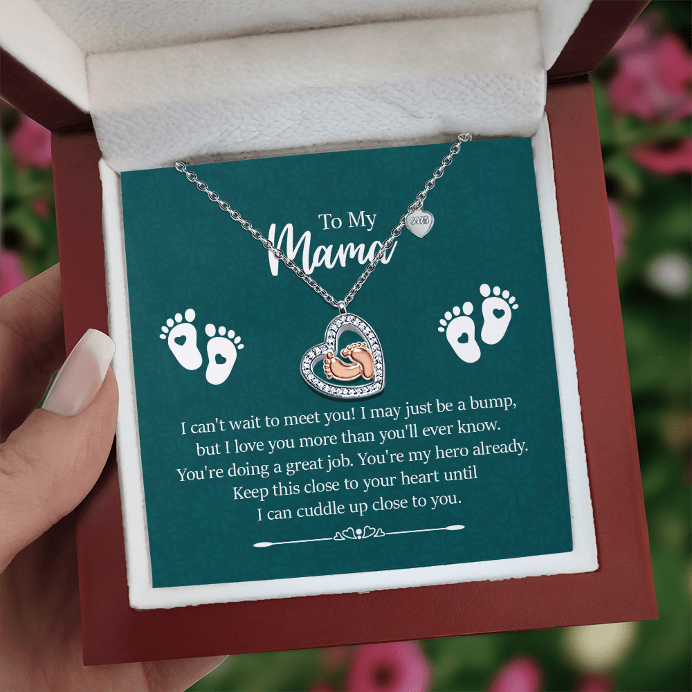 To My Mama - Can't Wait to Meet You - Baby Feet Heart Necklace